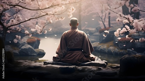 Monk Meditating Amidst Sakura Trees and Water, Zen, AI Generated