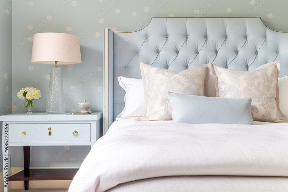 Pale blue bedroom decor, interior design and holiday rental, bed with