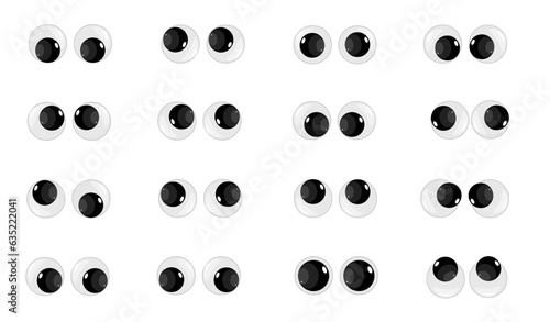 A set of plastic toy eyes. Glossy, bulging, puppet eyes. Cute, round, vector, isolated elements. Look down, up, left, right. Different, shaking, silly, hilarious pairs of eyeballs. Vector illustration photo
