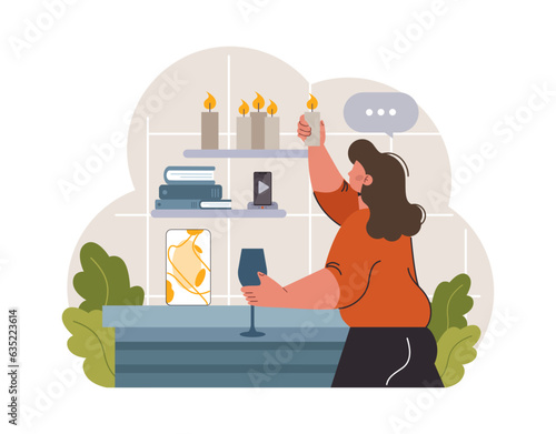 Hygge. Happy woman relaxing at home, weekend leisure time.