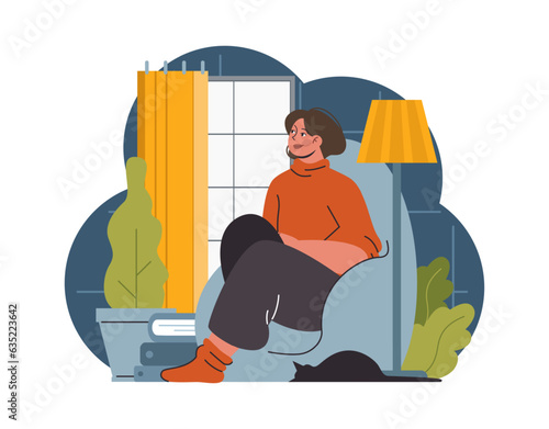 Hygge. Happy woman relaxing at home, weekend leisure time.