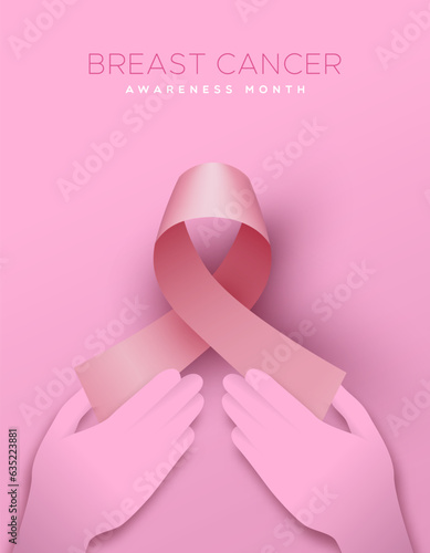 Breast cancer awareness hands and pink ribbon papercut poster