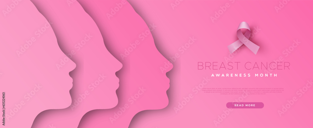 Breast cancer awareness papercut women profile and pink ribbon web banner template