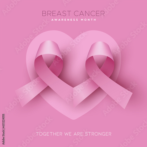 Breast cancer awareness pink ribbon heart shaped 3d vector illustration