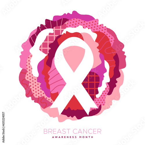 Breast cancer awareness diverse women face together and pink ribbon vector card