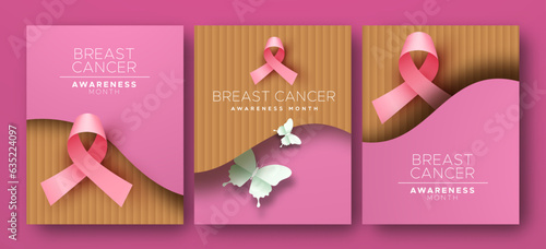 Breast cancer awareness pink ribbon paper cut vector card set