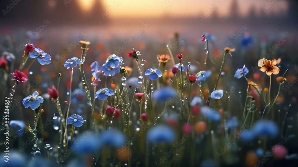 An endless meadow of wild wildflowers in the early morning dew at dawn. - obrazy, fototapety, plakaty 