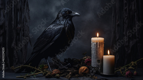 A Black Crow Perched Near a Lit Candle Against a Matte Black Background - Halloween Decorations and Spooky Decor Elements - Dark Academia - Generative AI