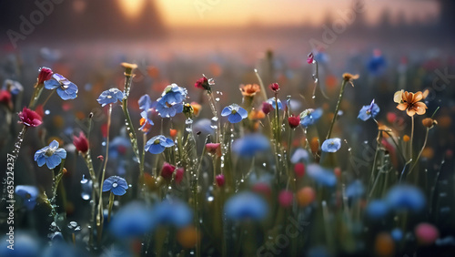 Foto An endless meadow of wild wildflowers in the early morning dew at dawn