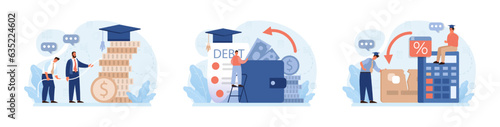 Student debt set. Young graduated character with a financial crisis. Expencive