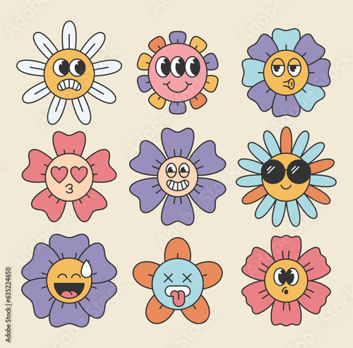 Retro flower characters set. Sticker pack in trendy retro psychedelic style. Groovy daisy with emoji. Editable stroke elements.Isolated vector illustration.