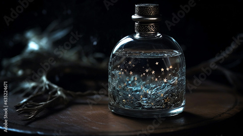 Glass jar with decorative stars inside on a wooden table, side view.