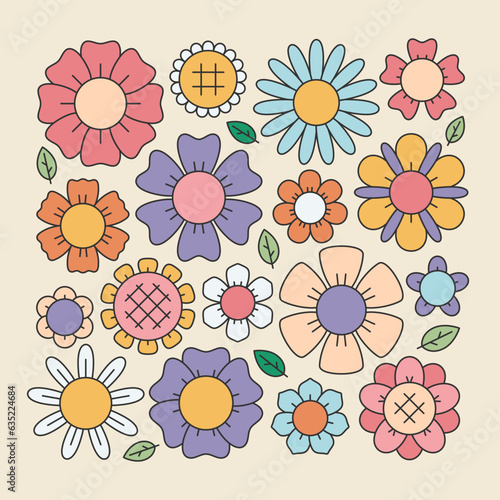 Retro flower set. Sticker pack in trendy retro cartoon style. Editable stroke elements.Isolated vector illustration.