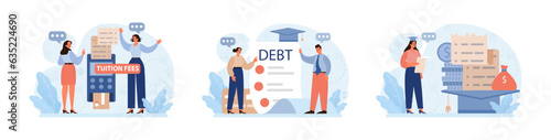 Student debt set. Young graduated character with a financial crisis. Expencive