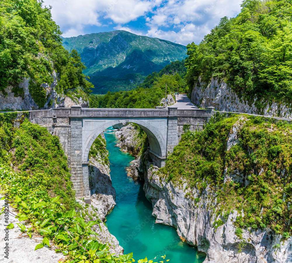 A view towards the Napoleon Bridge over the Soca river in Slovenia in summertime