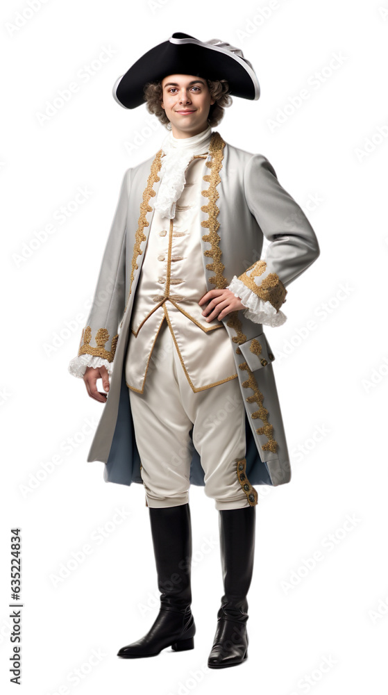 Happy men standing in Cackling Courtier halloween costume with an isolated transparent background. Happy men standing in Cackling Courtier halloween costume with an isolated transparent background.