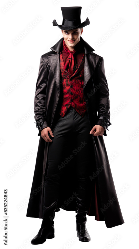 Happy gothic young men in Vampire Vixen Costume halloween with an isolated transparent background. Happy gothic young men in Vampire Vixen Costume halloween with an isolated transparent background.