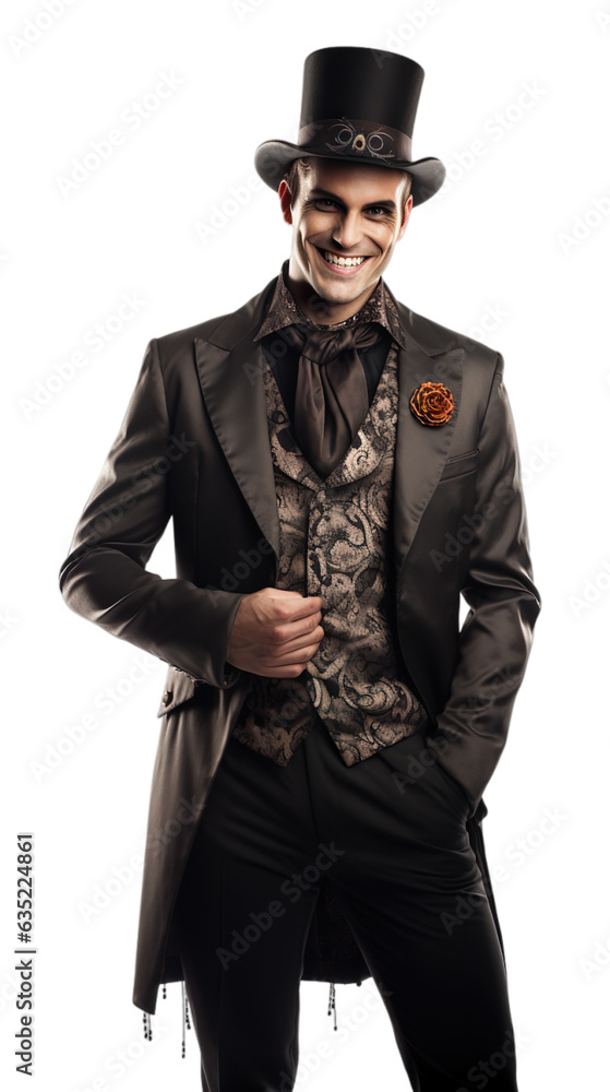 Happy men standing in Horrifying High roller halloween costume with an isolated transparent background.