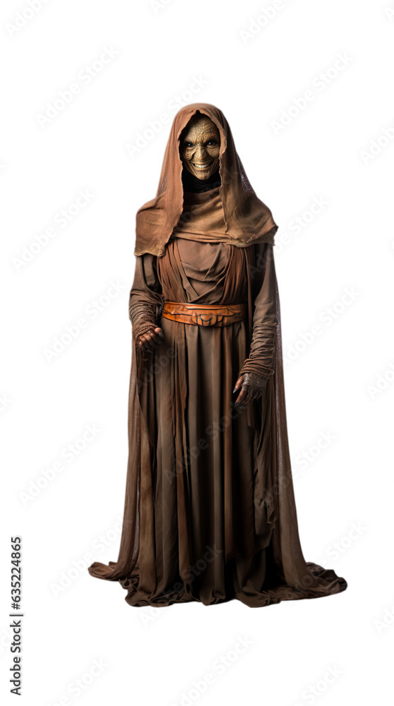 Happy women standing in Crypt-Keepers Curse halloween costume with an isolated transparent background.