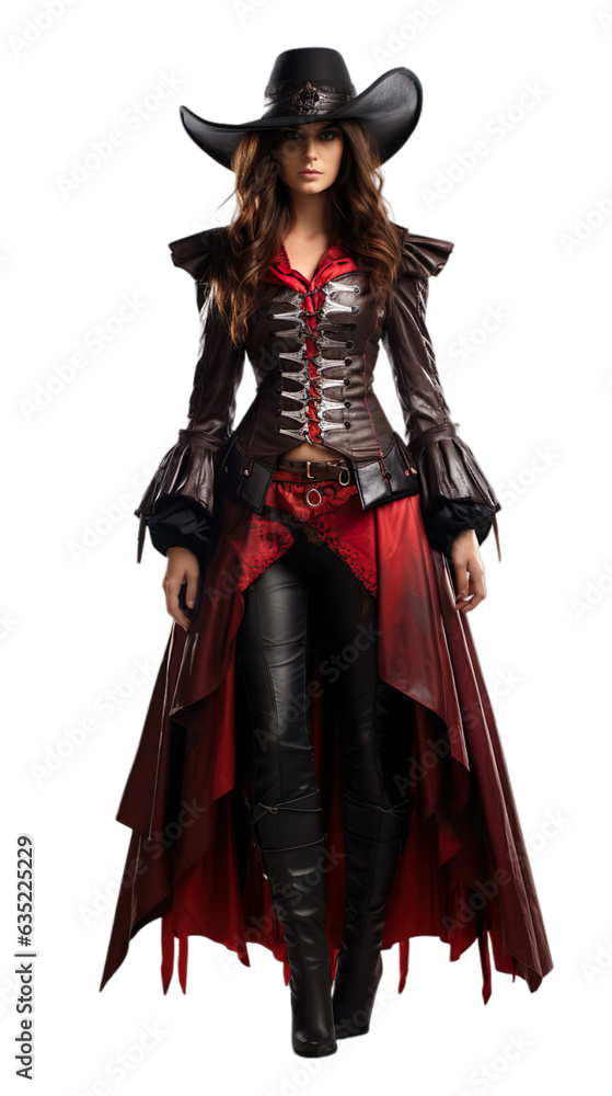 Happy women standing in Spectral Swashbuckler halloween costume with an isolated transparent background. 
