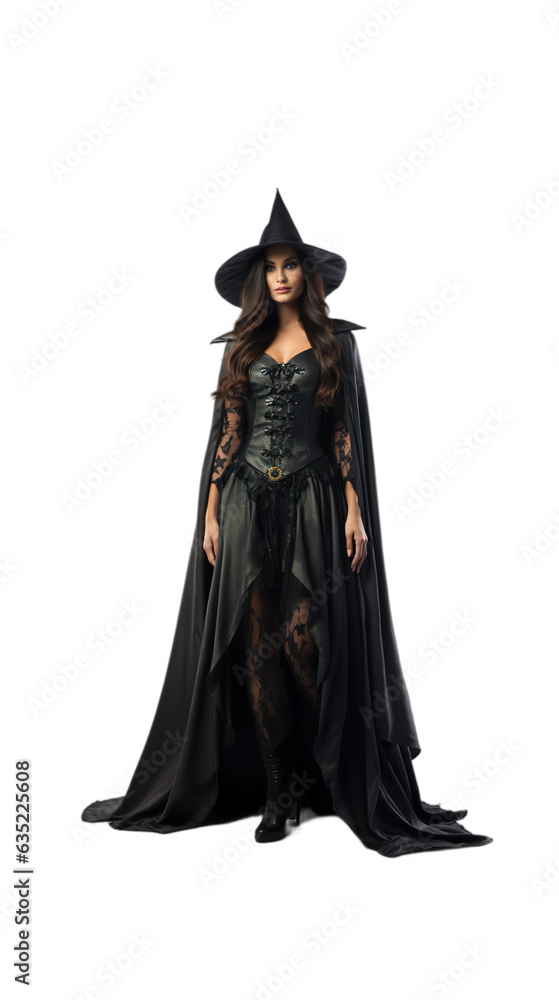 Happy women standing in Wailing Warlock halloween costume with an isolated transparent background.