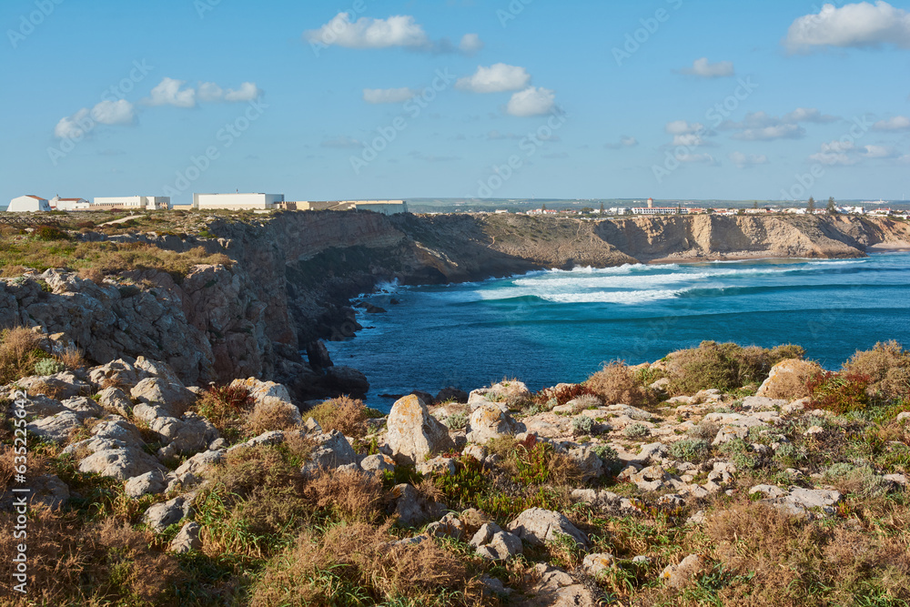 Sagres Fortress in Portugal. View of the Sagres village and Mareta beach in the background.