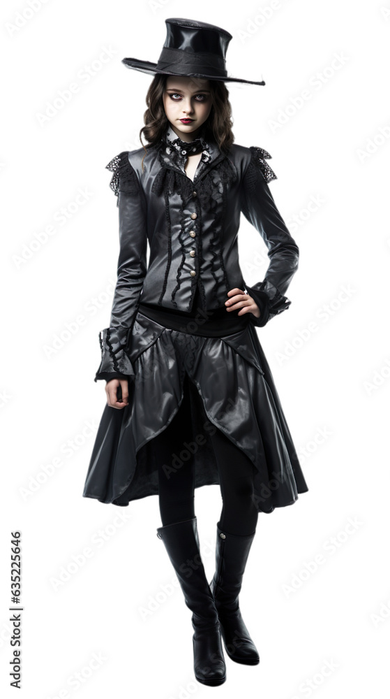 Happy gothic young women in Macabre Maestro Costume halloween with an isolated transparent background. Happy gothic young women in Macabre Maestro Costume halloween with an isolated transparent background.