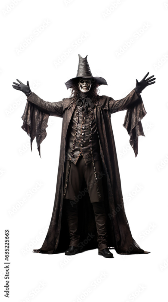 Happy men standing in Creepy Conjurer halloween costume with an isolated transparent background.