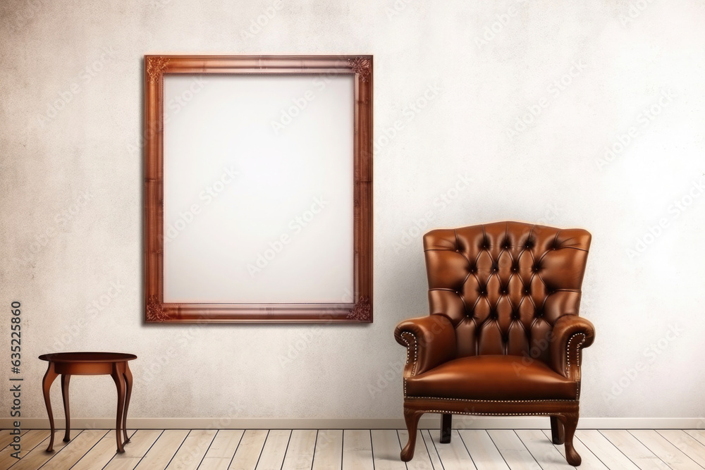 empty blank frame with brown leather armchair in front empty blank frame with brown leather armchair in front