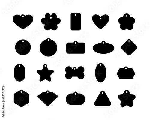 Vector name tag. Pet, dog, cat collar name tag. Bone, paw, heart, flower, circle, geometric shape tags. Vet Christmas tree decoration.