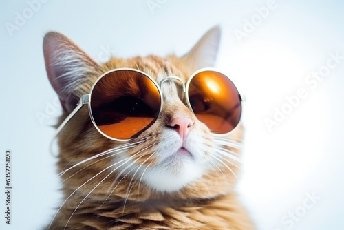 Closeup portrait of red furry cat in fashion sunglasses. Funny pet isolated on white background. Kitten in eyeglass. Fashion, style, cool animal concept with copy space