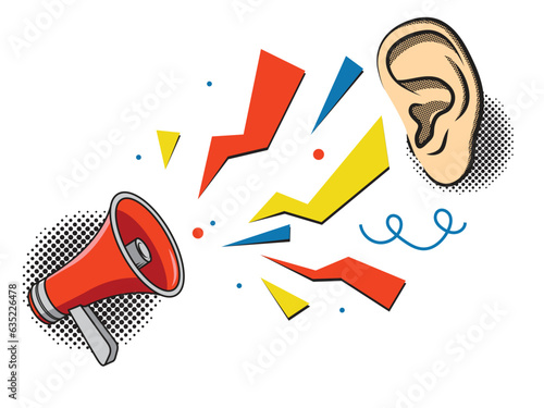Communication concept - red megaphone and ear. Speaking and listening. Vector illustration isolated on white background