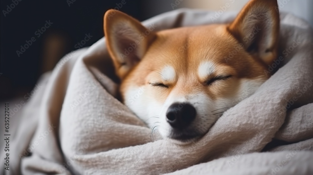 Cute dog is sleeping in the bed on warm blanket. Cold autumn or winter weekend. Hygge concept. Cute dog is sleeping in the bed on warm blanket. Cold autumn or winter weekend. Hygge concept.