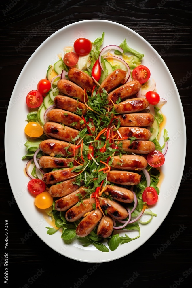 boiled long asian chicken sausages served on the rounded plate, tomato and salad for garnic, top view boiled long asian chicken sausages served on the rounded plate, tomato and salad for garnic, top view