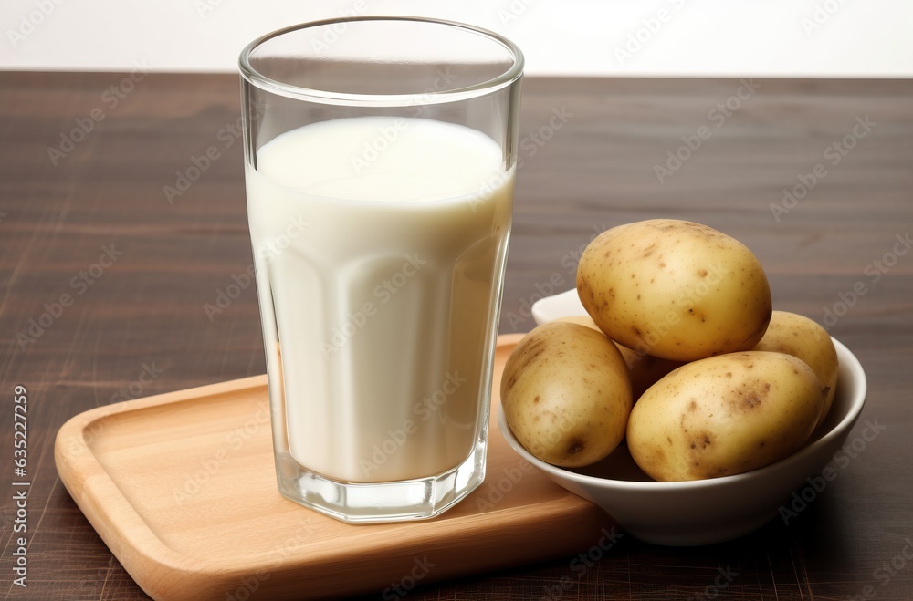 a glass of milk and potatoes on a table,