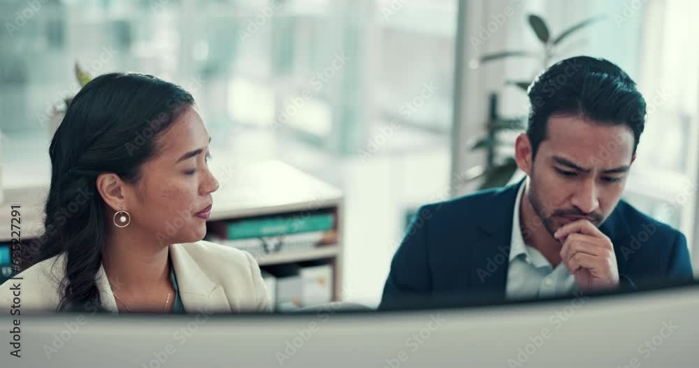 Business people, help and manager with agent, corporate training and explain system with website info, guidance or cooperation. Advisory, coaching or mentor with new employee, supervisor and teaching