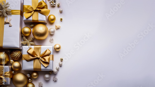 Arrière plan de noël blanc avec boules et décoration dorée - Générative IA