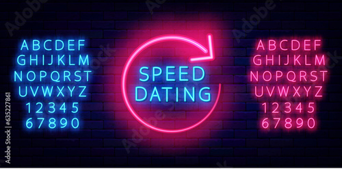 Speed dating neon label. Circle arrow frame. Shiny romantic badge. Agency acquaintance event. Vector illustration