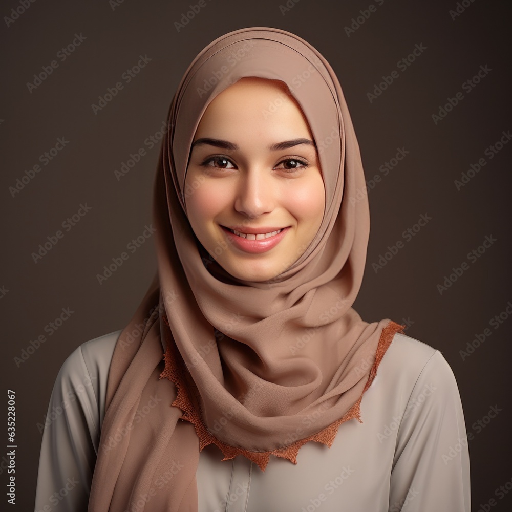 Portrait of a Young Muslim Girl Headshot on a Grey Background Portrait of a Young Muslim Girl Headshot on a Grey Background