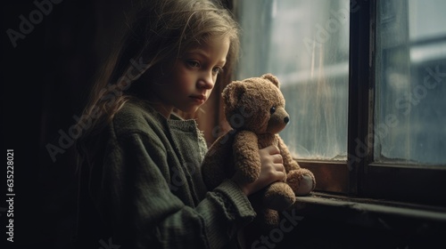 Sad looking orphan girl by the window holding a teddy bear