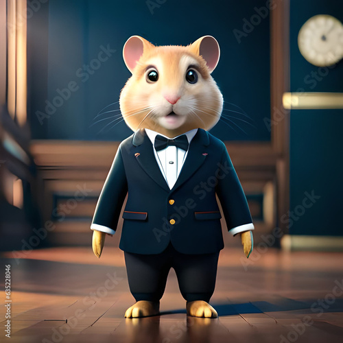 3d rendered hamster wearing a black suit. Generative AI photo