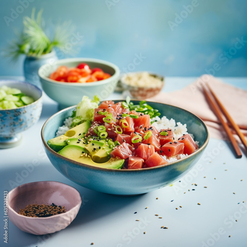 Colorful poke bowl with fresh salmon, avocado, mango and sesame on a light blue background