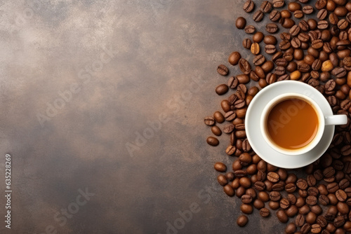 Top-Down View of White Coffee Cup and Saucer on Brown Textured Surface Surrounded by Coffee Beans with Empty Space Generative AI