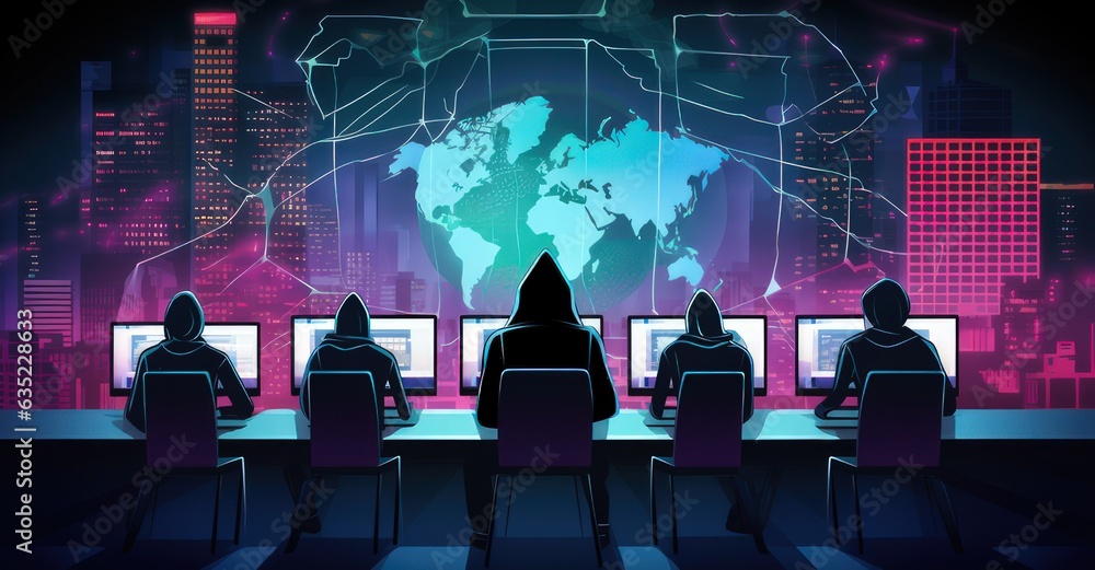hacker group collaborating on a major cyber breach,vibrant vector illustration