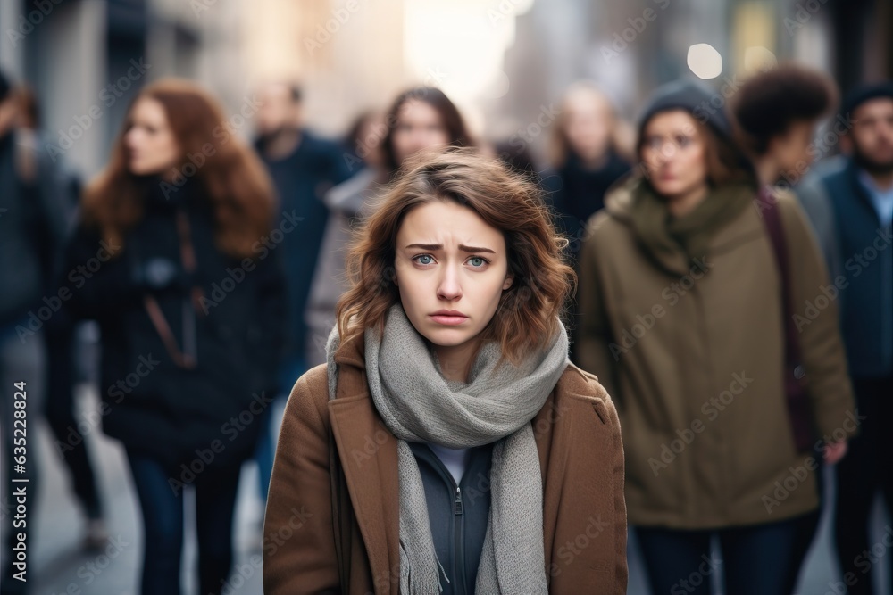Panic attack in public place. Woman having panic disorder in city. Psychology, solitude, fear or mental health problems concept. Depressed sad person surrounded by people walking in busy street. Panic attack in public place. Woman having panic disorder in city. Psychology, solitude, fear or mental health problems concept. Depressed sad person surrounded by people walking in busy street.