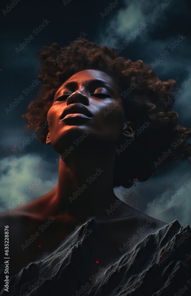 Beautiful african american woman with afro hairstyle on dark background. Double exposure