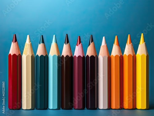 A row of vibrant colored pencils lined up against a blue background. Back to school concept.