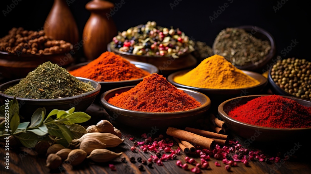 Traditional spices in vibrant colors. Delicious food photo. Intricate details.