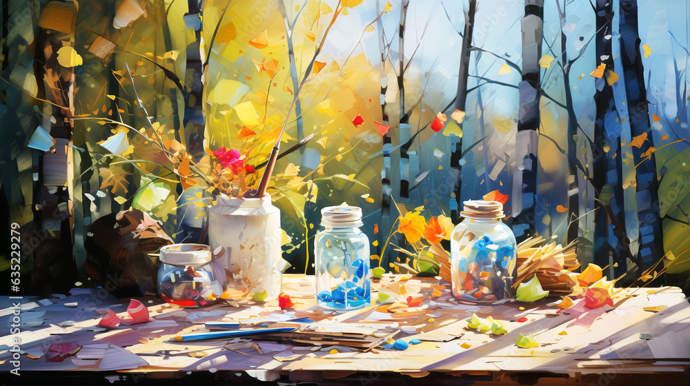 Painting with colors on the theme of the autumn forest on a sunny day,Generated by AI Painting with colors on the theme of the autumn forest on a sunny day,Generated by AI