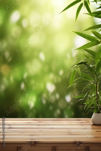 Wooden table on bamboo plant background for production